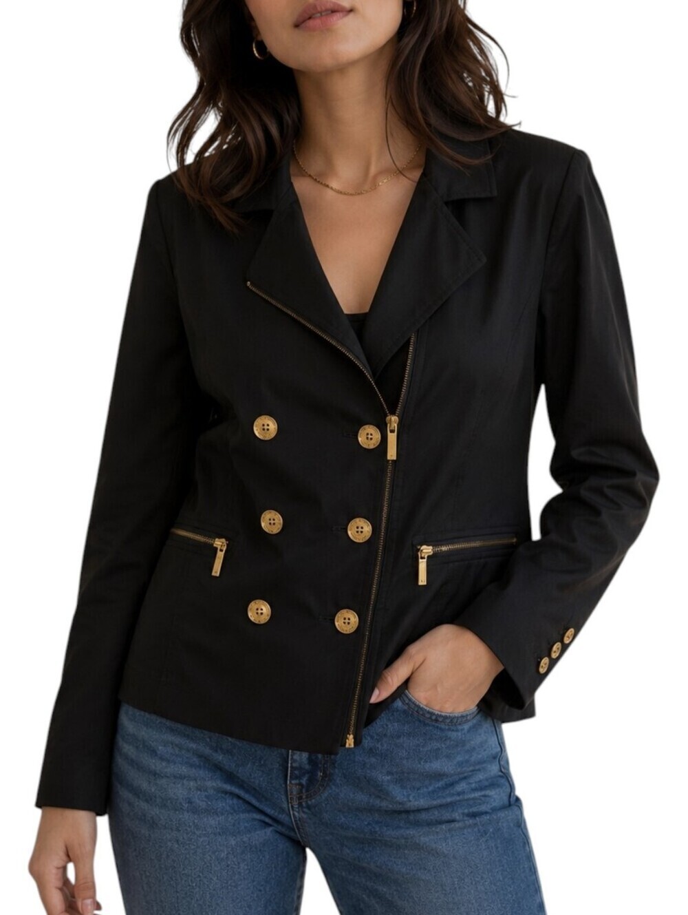 Michael Michael Kors Black Gold Zip Buttons Women's Double Breasted Jacket